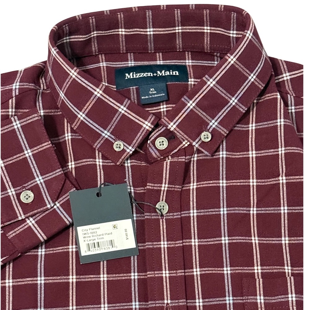 Mizzen‎ Main Men' XL Burgandy Performance City Flannel Large Richard Plaid Shirt